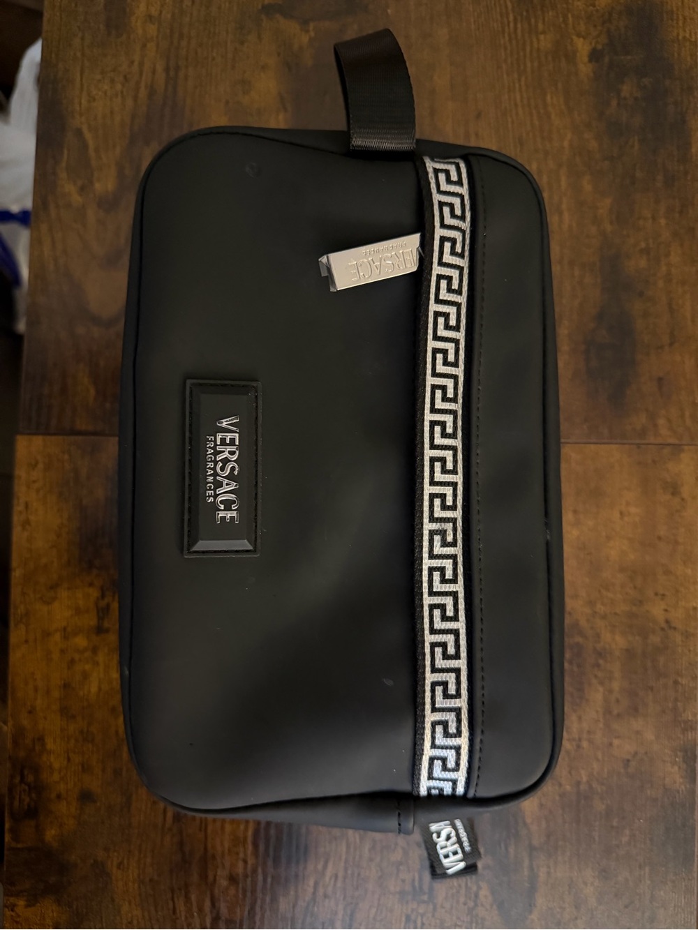 Versace Black Toiletry Bag with Greek Key Trim